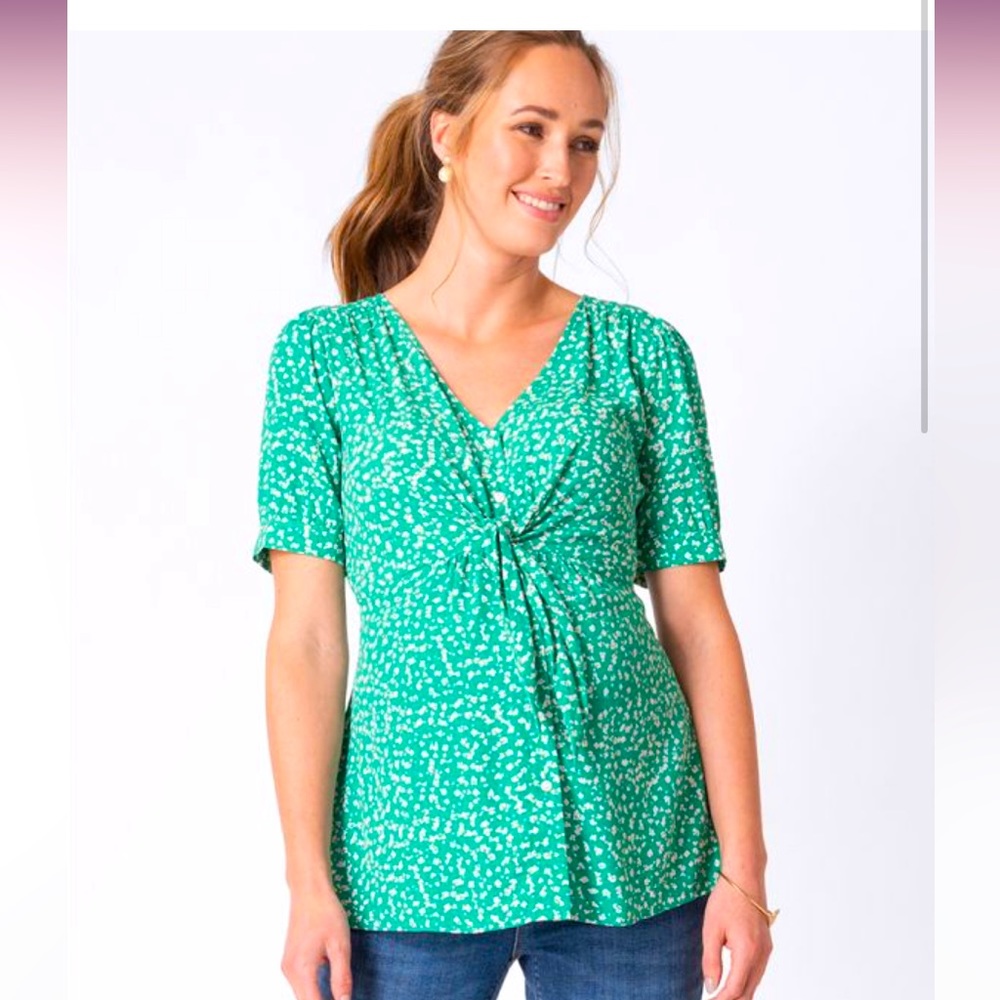 Green floral tie maternity shirt